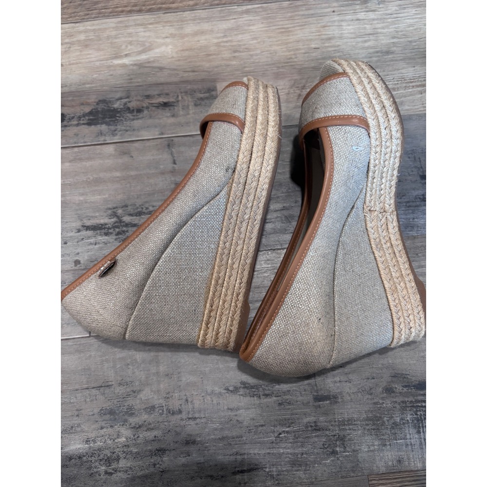 Tory Burch Beige Linen Logo Espadrille Wedge Sandal Coastal Preppy Old Money 6.5